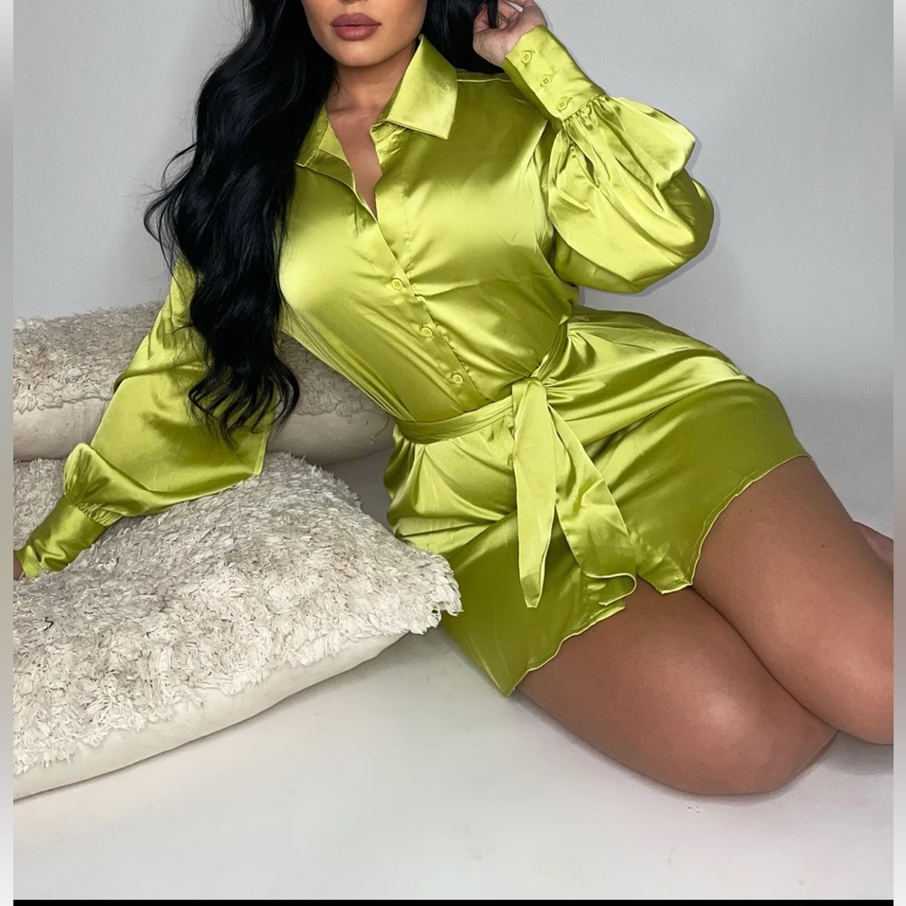 Elyse Satin Shirt Dress Tall - Lime